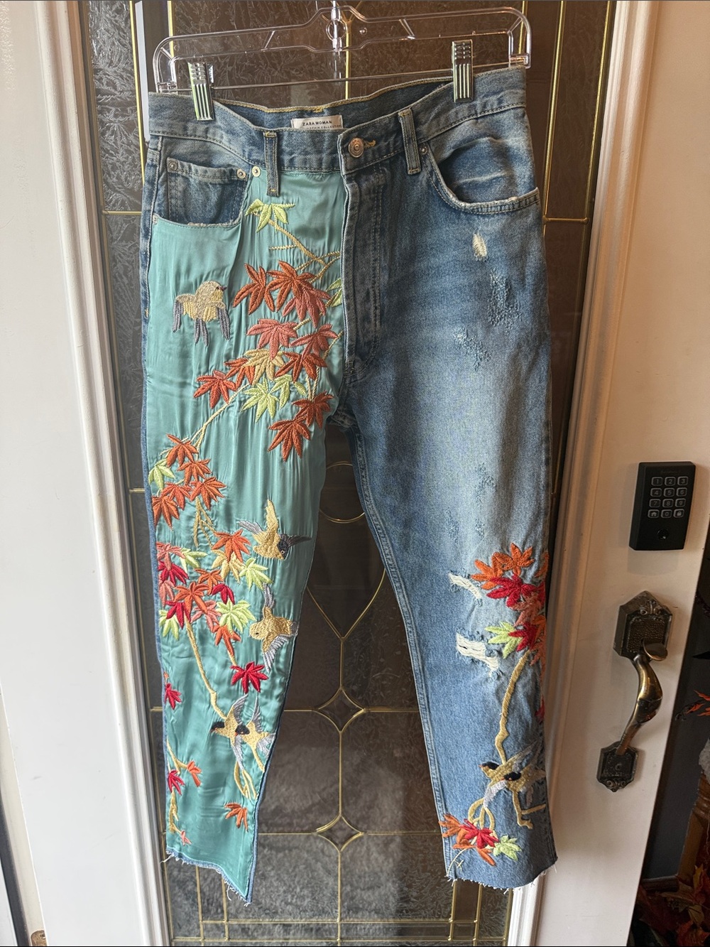 Zara Two-Tone Embroidered Straight Leg Jeans - Blue & Teal